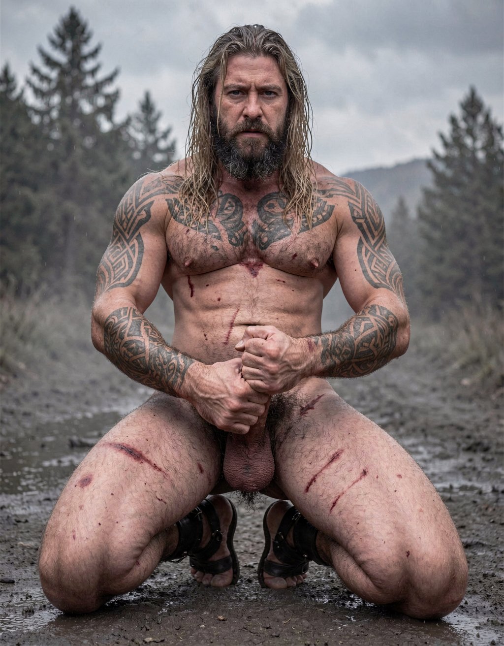 Amleth (Alexander Skarsgård), Está de cuerpo entero desde los pies hasta la cabeza. Es el protagonista de la historia y es el príncipe vikingo que presencia el asesinato de su padre, el rey Aurvandil. Jura venganza y se convierte en un berserker implacable. Físicamente es una bestia: masivo, tatuado, cubierto de cicatrices, pelo largo y sucio. Su motivación es animal, casi mística. No es un héroe noble; es pura rabia y destino. ---
Altura imponente, unos 194 cm. Cuerpo con musculatura densa y trabajada, no estilizada, tiene 7% de grasa corporal y parece esculpido al estilo vikingo. Pectorales anchos y marcados y definidos, abdomen marcado pero muy definido como un culturista; es un cuerpo de 7% de grasa corporal, de guerrero que ha pasado años remando, luchando y matando. Hombros desproporcionadamente anchos, cintura más estrecha y muy pequeña. Brazos fuertes marcados y definidos con venas visibles en antebrazos y bíceps cuando empuña el hacha. Muslos poderosos, pantorrillas fibrosas. Piel pálida, casi grisácea bajo la suciedad y la sangre, cubierta de cicatrices: una grande que le cruza el torso, cortes menores en brazos y costillas. Tatuajes oscuros y densos — símbolos nórdicos, runas, líneas geométricas — que le cubren el pecho, los hombros y parte de la espalda. Vello corporal oscuro, especialmente en el pecho y el pubis. Cara angulosa, mandíbula cuadrada, pómulos marcados. Barba espesa y desigual, más larga en la barbilla, mezcla de rubio sucio y castaño claro, a menudo enmarañada. Pelo rubio sucio, largo, lacio, con mechones más oscuros por la mugre, a veces recogido. Cejas espesas, ojos azul pálido, mirada fija y desquiciada, con un brillo de locura contenida. Labios finos y agrietados. Cicatriz en el labio superior que le tira ligeramente la comisura. Su olor sería a cuero mojado, sudor rancio, hierro y tierra.
Tiene una polla proporcional a su tamaño de 22 cm de largo y 4 cm de ancho; está circuncidado, con el glande grueso y visible; el tronco del pene es largo, con venas marcadas que le recorren el lateral; tiene un vello púbico denso, oscuro, en forma de V invertida que le sube hasta el ombligo; tiene testículos grandes, colgando ligeramente asimétricos, con la piel del escroto arrugada y más clara que el resto del cuerpo; el pene erecto se curva ligeramente hacia arriba, con la cabeza bien definida y el frenillo tirante; su pene es una herramienta brutal, acorde con el berserker que la porta. Lleva sandalias vikingas en sus pies. Tiene mucho vello corporal, sobre todo en el pecho.
Se arrodilla y con los dedos pulgar e índice en forma de anillo de la mano derecha rodea su pene