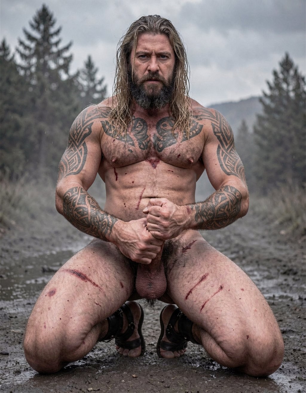 Amleth (Alexander Skarsgård), Está de cuerpo entero desde los pies hasta la cabeza. Es el protagonista de la historia y es el príncipe vikingo que presencia el asesinato de su padre, el rey Aurvandil. Jura venganza y se convierte en un berserker implacable. Físicamente es una bestia: masivo, tatuado, cubierto de cicatrices, pelo largo y sucio. Su motivación es animal, casi mística. No es un héroe noble; es pura rabia y destino. ---
Altura imponente, unos 194 cm. Cuerpo con musculatura densa y trabajada, no estilizada, tiene 7% de grasa corporal y parece esculpido al estilo vikingo. Pectorales anchos y marcados y definidos, abdomen marcado pero muy definido como un culturista; es un cuerpo de 7% de grasa corporal, de guerrero que ha pasado años remando, luchando y matando. Hombros desproporcionadamente anchos, cintura más estrecha y muy pequeña. Brazos fuertes marcados y definidos con venas visibles en antebrazos y bíceps cuando empuña el hacha. Muslos poderosos, pantorrillas fibrosas. Piel pálida, casi grisácea bajo la suciedad y la sangre, cubierta de cicatrices: una grande que le cruza el torso, cortes menores en brazos y costillas. Tatuajes oscuros y densos — símbolos nórdicos, runas, líneas geométricas — que le cubren el pecho, los hombros y parte de la espalda. Vello corporal oscuro, especialmente en el pecho y el pubis. Cara angulosa, mandíbula cuadrada, pómulos marcados. Barba espesa y desigual, más larga en la barbilla, mezcla de rubio sucio y castaño claro, a menudo enmarañada. Pelo rubio sucio, largo, lacio, con mechones más oscuros por la mugre, a veces recogido. Cejas espesas, ojos azul pálido, mirada fija y desquiciada, con un brillo de locura contenida. Labios finos y agrietados. Cicatriz en el labio superior que le tira ligeramente la comisura. Su olor sería a cuero mojado, sudor rancio, hierro y tierra.
Tiene una polla proporcional a su tamaño de 22 cm de largo y 4 cm de ancho; está circuncidado, con el glande grueso y visible; el tronco del pene es largo, con venas marcadas que le recorren el lateral; tiene un vello púbico denso, oscuro, en forma de V invertida que le sube hasta el ombligo; tiene testículos grandes, colgando ligeramente asimétricos, con la piel del escroto arrugada y más clara que el resto del cuerpo; el pene erecto se curva ligeramente hacia arriba, con la cabeza bien definida y el frenillo tirante; su pene es una herramienta brutal, acorde con el berserker que la porta. Lleva sandalias vikingas en sus pies. Tiene mucho vello corporal, sobre todo en el pecho.
Se arrodilla y con los dedos pulgar e índice en forma de anillo de la mano derecha rodea su pene