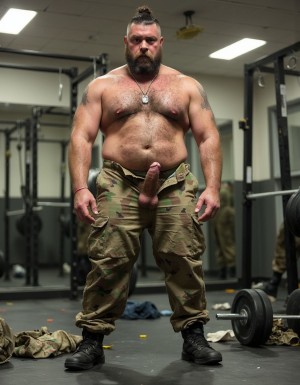 Full body shot of massive muscular bearded military man standing upright inside military gym quickly stripping off all torn clothing, thick black beard, sharp military high and tight flat top haircut, standing in squat rack area pulling off ripped camouflage pants down his thick muscular hairy legs, completely naked showing massive hairy muscular body, huge erect thick veiny uncut cock standing straight out from thick dark pubic hair, massive heavy hairy balls hanging low, massive pecs with dark hair, ripped abs, thick body hair covering chest stomach and trailing down to pubes, huge muscular arms shoulders back lats all visible, thick powerful quads calves and glutes, dog tags hanging on bare sweaty chest, face showing surprised embarrassed expression with eyes wide and mouth open, cheeks slightly flushed, quickly stepping out of torn camo pants and boots scattered on gym floor around him, completely nude muscular body exposed in military gym, surrounded by squat rack barbell and weight equipment, gym mirrors reflecting his naked muscular body and erect cock, fluorescent gym lighting, photorealistic extreme detail of surprised naked muscular soldier stripping torn uniform showing huge erection, military gym interior background