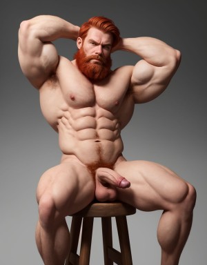 Hombre caucásico de 1,9 metros, piel clara, cabello rojizo lacio, barba incipiente, expresión de desprecio, vello corporal rojizo. Sentado en taburete de madera, sixpack visible, pene y testículos visibles, manos detrás de la cabeza, trapecios y deltoides marcados, fondo gris degradado. Músculos desarrollados, hombros prominentes, solo un pene visible.