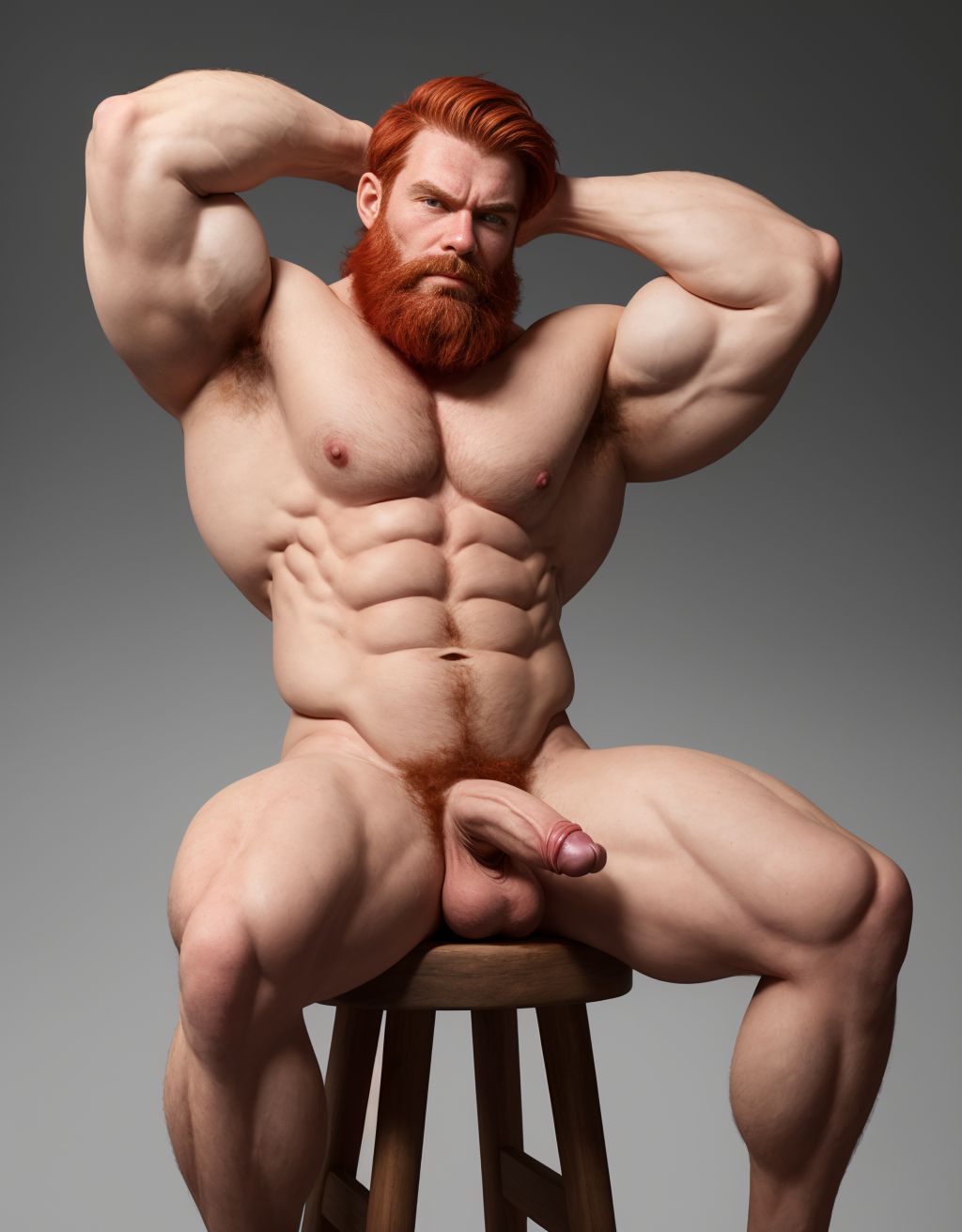Hombre caucásico de 1,9 metros, piel clara, cabello rojizo lacio, barba incipiente, expresión de desprecio, vello corporal rojizo. Sentado en taburete de madera, sixpack visible, pene y testículos visibles, manos detrás de la cabeza, trapecios y deltoides marcados, fondo gris degradado. Músculos desarrollados, hombros prominentes, solo un pene visible.