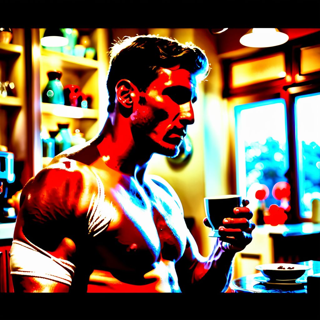 Prompt: Fotorealista. Un hombre musculado en ropa interior, de pie en una cocina moderna, sirviendo café en una taza. Su torso está parcialmente desnudo, resalt