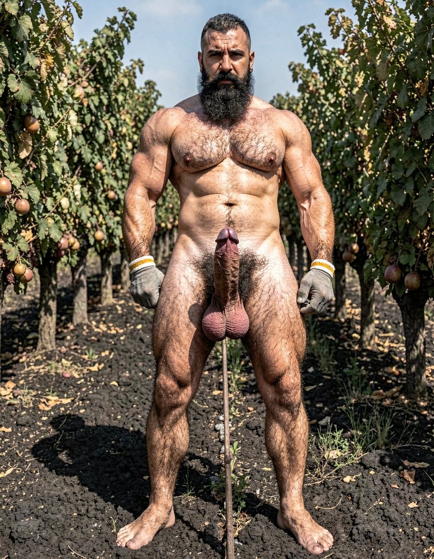 A hyper-realistic full-body vertical photograph taken in harsh midday Santorini sunlight over black volcanic soil between rows of Assyrtiko vines. Dimitris, 32, stands completely naked except for grey work gloves with yellow and white stripes, feet planted wide apart on the dark earth, toes gripping the soil. Shot from a low frontal angle so every inch from his big dirty feet to the top of his head is visible without cropping. His body is at 5% body fat, extremely muscular competition physique: huge veiny traps and shoulders, massive hairy pecs, eight-pack abs partially covered by dense black curly body hair that runs from his neck all the way down to his toes. Extremely thick black pubic bush, massive thick veiny Greek cock rock-hard and pointing upward almost touching his abs, swollen purple glans shiny with precum, a long clear drop hanging from the slit. Heavy low-hanging hairy balls. Thick black hair covers his powerful thighs, calves and feet. His face is pure predator: long thick connected black beard and mustache, short jet-black hair with shaved sides, dark intense eyes looking straight at the viewer, small silver earring in left ear. Skin deeply tanned and covered in sweat that makes the dense body hair glisten. Every muscle, every strand of wet black hair, every vein is razor sharp under the direct Mediterranean sun. Maximum photorealistic detail, vertical composition showing the entire body head to toe with no cropping.