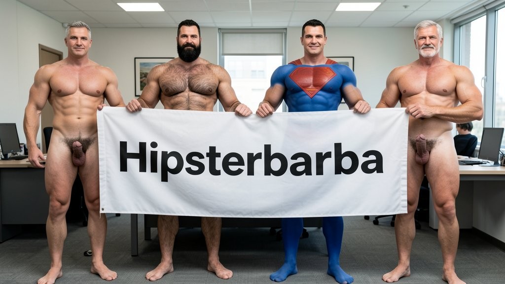 Four naked muscular men holding banner text (Hipsterbarba amor) ultra high quality 8K photorealistic: El Comandante Spanish military leader 45 years short gray hair stern commanding face muscular trained body 185cm 85kg standing far left holding left edge of banner with both hands completely naked massive erect uncircumcised penis 25cm thick veiny shaft visible below banner heavy balls alpha dominant stance, Soldado Bartolo Spanish soldier 35 years thick dark full beard short hair very hairy muscular chest arms legs groin 180cm 80kg standing center-left holding banner completely naked large erect uncircumcised penis 18cm thick visible hairy balls masculine hairy build playful smirk, Superman alien superhero 195cm 100kg perfect bronzed smooth hairless skin short black hair with characteristic curl bright blue eyes massive superhuman muscles standing center-right holding banner completely naked enormous erect penis 23cm steel hard thick shaft visible smooth heavy balls god-like physique confident smile, General Rodolfo Castaños 60 years short gray military hair thick gray mustache experienced muscular body 175cm 75kg standing far right holding right edge of banner completely naked thick erect penis 20cm visible mature heavy balls military bearing knowing expression, all four men standing in horizontal row full body visible head to feet holding between them large white fabric banner at chest level with bold black letters spelling Hipsterbarba ¿follamos? question mark clearly readable professional typography banner stretched tight all four erect penises balls completely visible below banner military office background professional studio lighting 8K photorealistic resolution masterpiece quality inviting expressions.