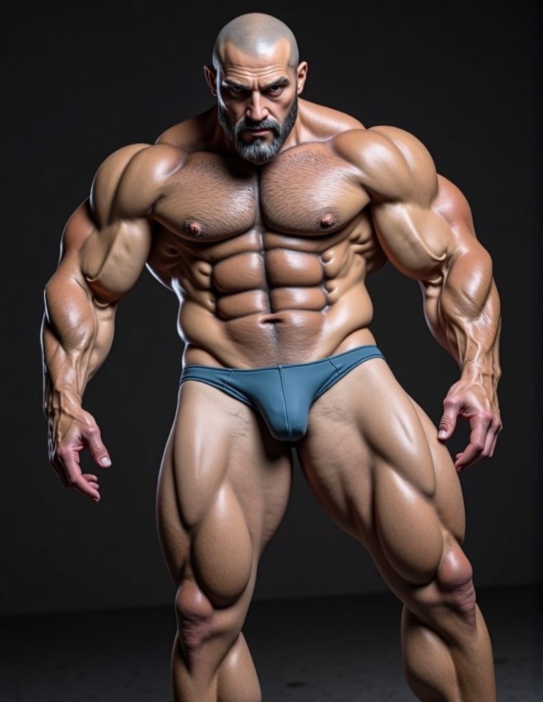 A bald, bearded bodybuilder poses standing against a dark background, with a serious, intense expression and his body leaning slightly forward to highlight extremely defined musculature. His bare torso shows massive pectorals, sharply defined abs, rounded shoulders, and huge arms with visible veins, while his legs display hypertrophied quadriceps and calves with great anatomical detail. He wears a small, tight blue-green competition brief that exposes most of his thighs and emphasizes the aesthetic of a professional physique. The dramatic lighting creates highlights on the skin and deep shadows that accentuate every muscle fiber, giving the scene the look of a fitness, bodybuilding, and competition portrait.