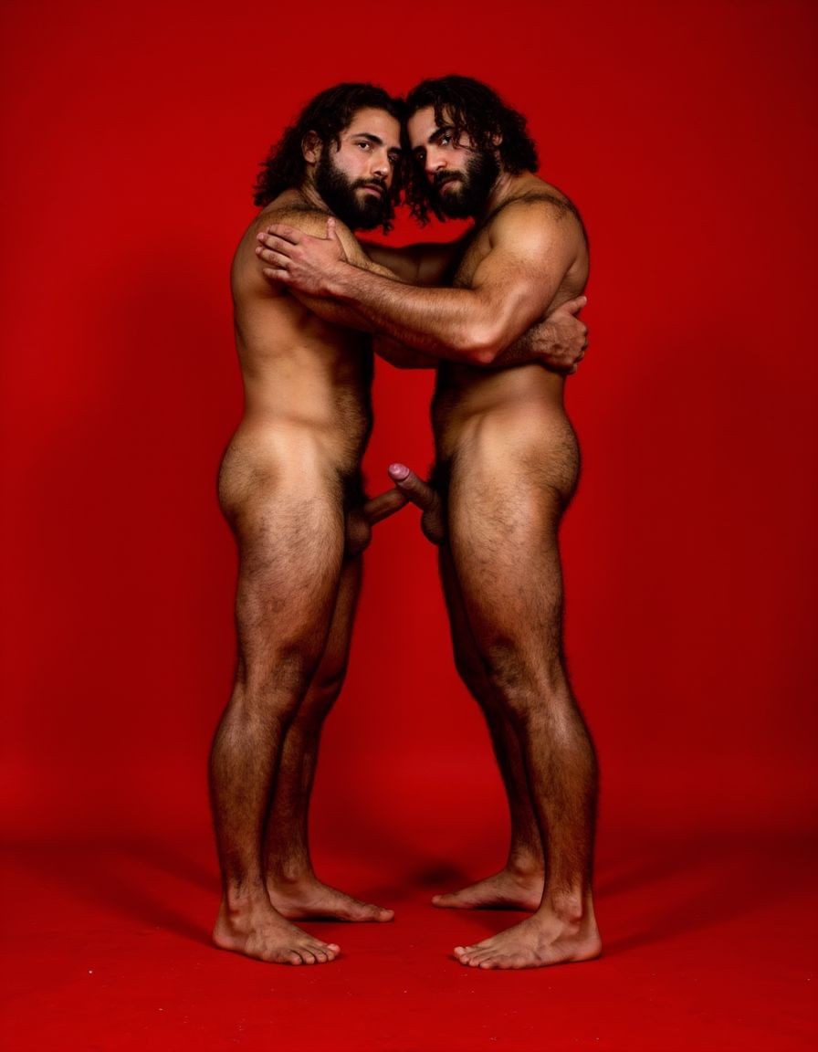 Dos guerreros musculosos de cuerpo delgado y alto, cuerpo completamente desnudo y velludo, mostrando polla venosa de 30 cm de longitud y 5 cm de grosor, de piel bronceada por el Sol, con pelo muy largo y barba. Tiene pies fuertes. Están abrazados. Tienen músculos marcados definidos y sin nada de grasa. Tienen aspecto muy viril. Tienen cuerpo muy delgado pero músculos marcados y muy definidos. Están tensos haciendo fuerza para abrazarse marcando los músculos. Fondo rojo.