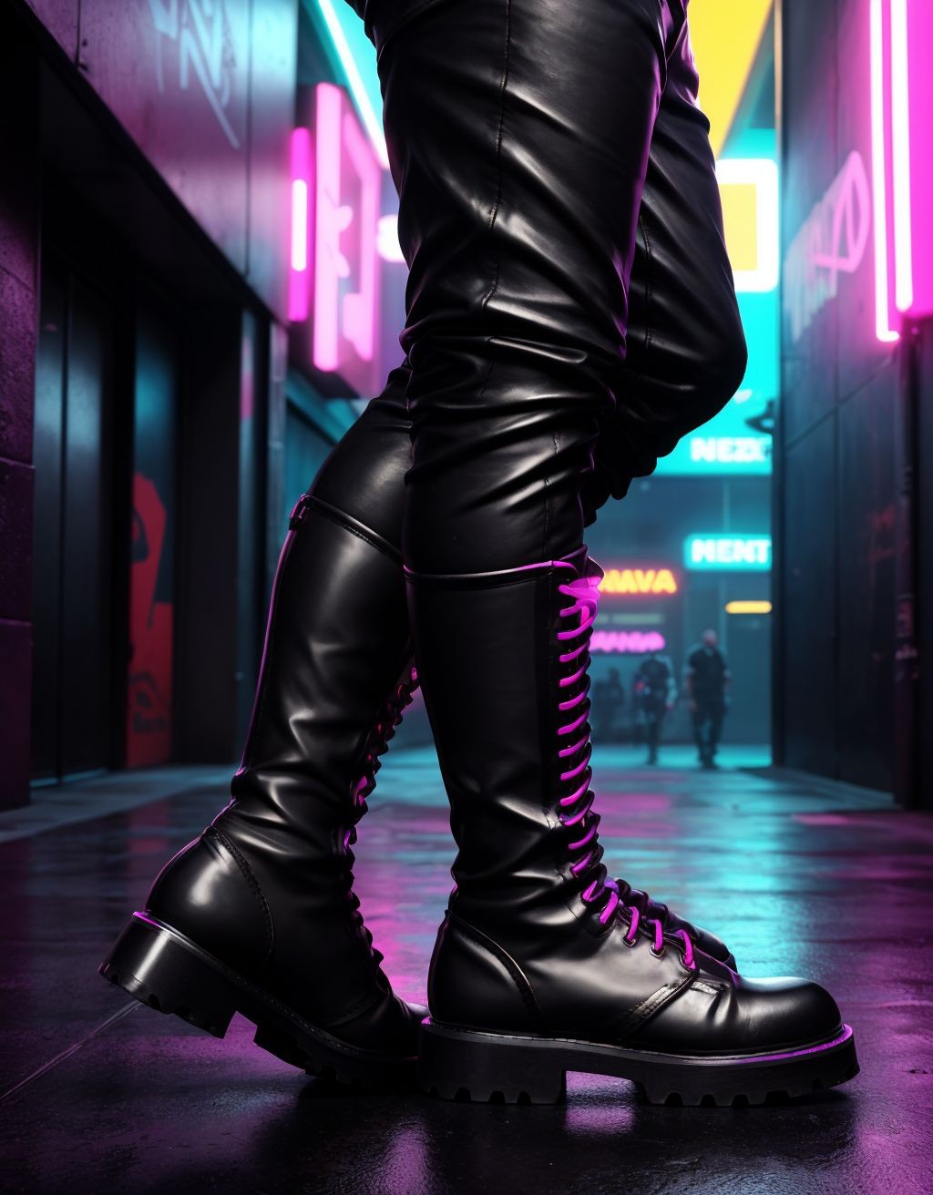 Botas de cuero negro, skin manchadas con semen fresco, textura viscosa y olor intenso, detalles de salpicaduras blancas en la superficie, fondo oscuro y sucio, realismo extremo.