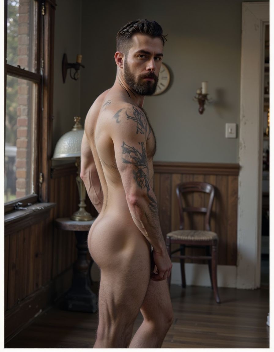 Nude man standing by a large window, photographed in profile and slightly from behind, with his buttocks, back, lateral torso, and part of his thigh visible under soft natural light. He has a dark beard, short hair styled upward, and a serious expression as he looks toward the camera over his shoulder. Several tattoos run along his arm, shoulder, and side, standing out against his skin. The scene takes place in a classic-style room with green walls, a wooden baseboard, hardwood floor, an antique chair, wall sconces, a clock, and a decorative lamp beside the window, creating an intimate and calm atmosphere.