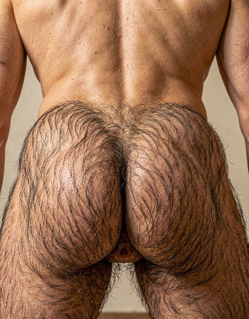 Mike Morris, a 32-year-old Caucasian male with an extremely lean and athletic physique at only 8% body fat, stands completely naked. Photorealistic rear view shot, camera positioned 1.5 meters away for a tighter but not extreme close-up, ultra sharp 8k detail, zero distortion, perfect anatomy and proportions. Gayon Von Neumann standing slightly bent forward, legs apart. His round, high, extremely muscular ass is the absolute focus: firm powerful glutes with visible muscle separation, tight and perfectly shaped. Dense black body hair covers the upper cheeks and grows thick and wild all the way down the deep crack. The buttocks are spread enough to clearly show his small, tight, clenched anus in the center — dark pinkish-brown hole surrounded by a visible ring of finer black hair. Realistic skin texture, natural skin pores, individual strands of black hair, subtle sweat sheen on the skin, natural shadows and depth between the cheeks. Warm natural lighting, hyper-realistic, photorealistic, no deformation, museum quality detail.  Mejora la imagen, coloca el ojete en la parte más inferior de los glúteos..