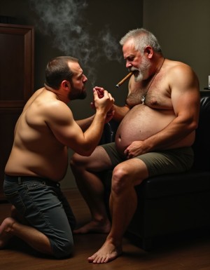Un tío corpulento arrodillado comiendo los pies de otro hombre mayor, canoso con gran polla masturbándose mientras fuma un puro