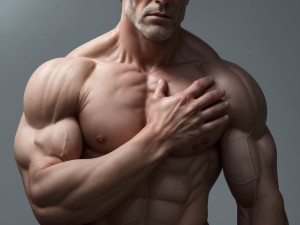 Hombre joven musculoso muerto, torso desnudo, inerte, sin expresión. Hombre maduro atractivo detrás, acaricia el cuerpo con manos firmes, rostro serio, concentrado, explorando la anatomía inerte con dedos precisos, resaltando la textura de la piel fría y el relieve de los músculos inertes.