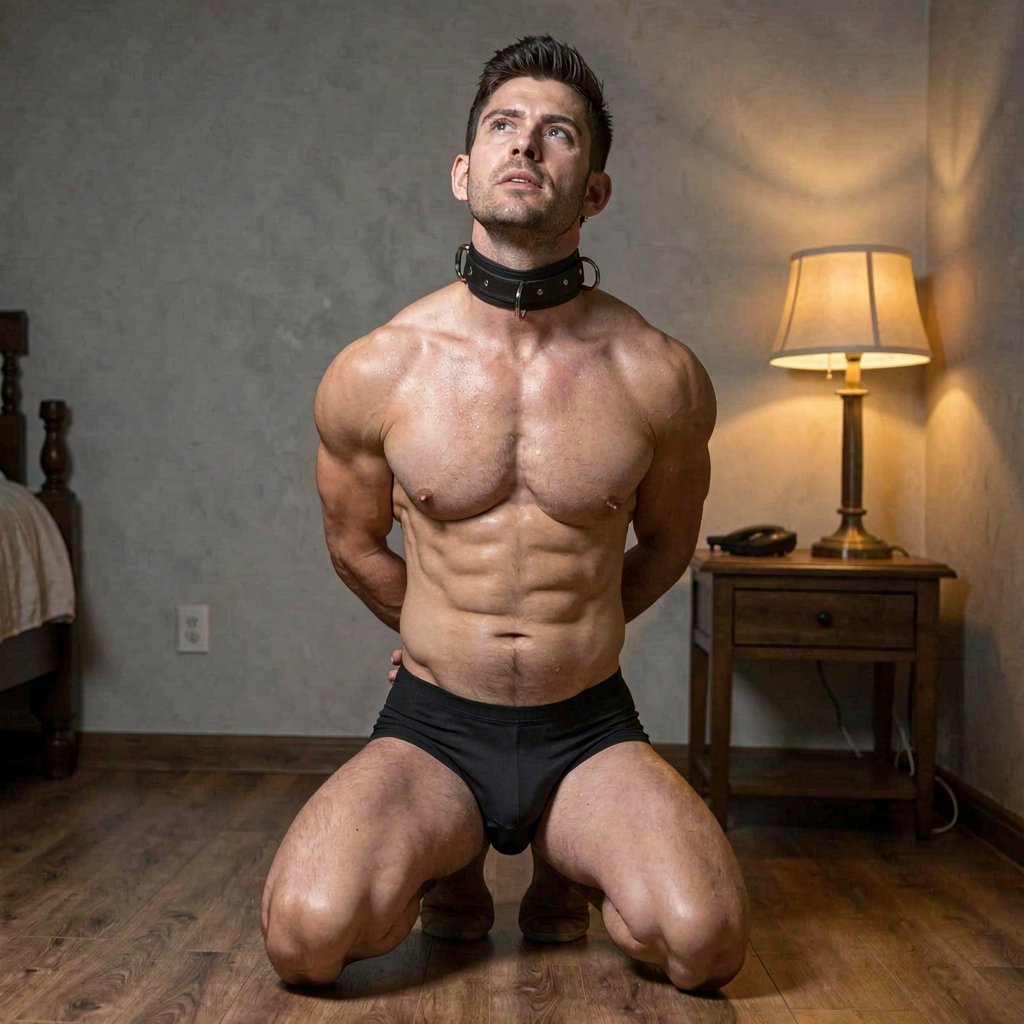 A muscular young man with short dark hair, broad shoulders, and a defined chest kneels on a hardwood floor, hands clasped behind his back and head tilted upward with a submissive, pleading expression. He wears only tight black briefs hugging his thighs and bulge, his chiseled abs and veined arms tensed in obedience. Dim golden lamplight from a bedside table casts long shadows across his body, highlighting the sweat on his skin and the vulnerability in his eyes. The room is dim and intimate, a leather collar loosely strapped around his neck catching the warm glow.