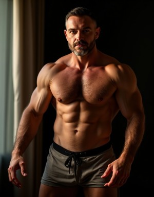 Hombre maduro de mediana edad con una presencia dominante, pose autoritaria y una expresión de confianza, con una erección prominente y visible, su pene duro y húmedo, con un aspecto de dureza y masculinidad, vello púbico denso, muslos fuertes y piernas peludas, torso desnudo mostrando un pecho velludo y abdominales marcados, con una mirada intensa y seductora, en un ambiente de iluminación suave y sombras profundas que resaltan su figura, estilo hiperrealista con detalles de alta calidad.