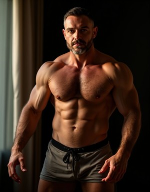 Hombre maduro de mediana edad con una presencia dominante, pose autoritaria y una expresión de confianza, con una erección prominente y visible, su pene duro y húmedo, con un aspecto de dureza y masculinidad, vello púbico denso, muslos fuertes y piernas peludas, torso desnudo mostrando un pecho velludo y abdominales marcados, con una mirada intensa y seductora, en un ambiente de iluminación suave y sombras profundas que resaltan su figura, estilo hiperrealista con detalles de alta calidad.
