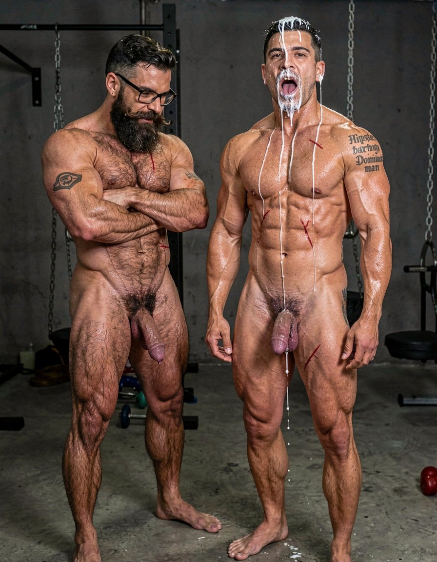 Hyperrealistic cinematic photograph, full body frontal view, perfect anatomy and proportions with zero distortions. Dark brutal dungeon gym with concrete floor, hanging chains and BDSM equipment softly blurred in the background. Dramatic side lighting, high contrast, sweat and cum glistening on skin.

Hipsterbarba stands on the left, 40 years old, 180cm, 80kg, 8% body fat, powerful muscle bear physique completely naked and covered in dense dark body hair on chest, shoulders, abs and thighs. Long thick Bandholz beard, curled handlebar mustache, black glasses, arms crossed, dominant and satisfied expression while looking down at your slave.

Anil stands right in front of you, 25 years old, extreme bodybuilder slave, 175cm, 80kg, 6% body fat, completely smooth tanned skin from the neck down. Massive 127cm chest, eight-pack abs with fresh red whip marks, 47cm veiny arms, tiny 60cm waist, wide V-taper, round 90cm glutes and 70cm quads. He stands at full attention, head up, staring directly into your eyes with pure submissive adoration and fear. His mouth is wide open, tongue slightly out, completely covered in thick white cum: heavy ropes of semen dripping from his forehead, eyebrows, nose, cheeks, lips and chin, running down onto his huge pecs. The metal cock ring is tight around the base of his swollen, purple, semi-hard cock that leaks a long string of precum onto the concrete floor. Fresh whip marks across his shoulders and abs. The tattoo 