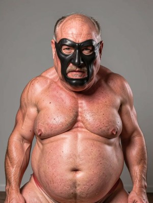 Hombre mayor de complexión corpulenta y musculosa, con el torso desnudo, piel enrojecida y sudorosa, aparece de frente con una expresión seria e intensa. Lleva una máscara negra ajustada de estilo bondage o lucha, que cubre la frente, la nariz, los pómulos y la zona alrededor de la boca, dejando visibles los ojos, las orejas y parte de la cara. Su cabeza está parcialmente calva, con pelo corto grisáceo en los laterales. El abdomen prominente, el pecho ancho, los brazos fuertes y la postura rígida transmiten una presencia dominante y teatral. En la parte inferior apenas se aprecia una prenda roja tipo tanga o slip, sobre un fondo gris neutro de estudio.
