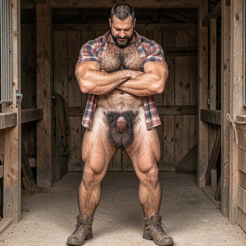 A hyper-masculine 35-year-old Spanish rural stud named Gayon Von Neumann, 1.85m tall, 80kg with 5% body fat, extremely dry and fibrous muscle, broad shoulders, narrow waist, perfect V-taper triangle physique. Extremely hard square jaw, high prominent cheekbones, strong chin, slightly wrinkled forehead from constant frowning. Thick well-groomed black mustache with perfect volume, dense black eyebrows almost connected, small piercing dark arrogant eyes full of natural contempt, straight wide nose, thin lips with permanent superior expression. Tanned golden sun-kissed skin. Extremely hairy torso: dense coarse black chest hair swirling around large dark hard nipples, thick treasure trail widening dramatically into a wild thick curly black pubic bush that covers the entire groin and climbs several inches up the lower belly and into the inner thighs. Very muscular hairy arms with dense black hair from shoulders to wrists especially on thick veiny forearms, hairy shoulders and back. Massive heavy veiny cock 26cm long even soft, 7cm thick, dark brown skin, thick bulging veins especially a large one on top, generous thick fleshy foreskin forming a long heavy overhanging tube with dark rim and shiny moisture at the opening, large mushroom-shaped dark pink-purple glans with prominent corona and wide piss slit, thick frenulum. Huge low-hanging heavy balls in dark wrinkled hairy scrotum covered in thick black curly hair. Round high muscular ass with firm cheeks covered in black hair between them and around a tight small hole. Powerful veiny hairy legs with thick developed quadriceps, visible veins running from groin to knee, diamond-shaped calves covered in black curly hair. Standing in a rustic stable, wearing open plaid work shirt, tight dark jeans and work boots, arms crossed over hairy chest, looking down with arrogant condescending smirk under the twisted mustache, pure dominant alpha male aura, extremely detailed, photorealistic, masculine and raw.