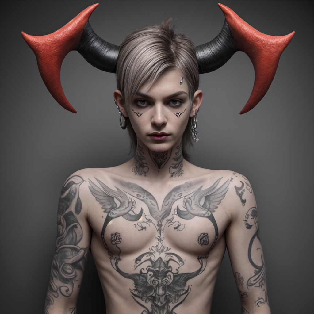 Frontal portrait of an androgynous person with a gothic and fantasy aesthetic, with a bare torso covered in ornamental tattoos on the chest, neck, arms, and shoulders, including wings, floral motifs, symbols, and symmetrical dark-style designs. They have short silver hair swept to one side, an intense gaze with bold makeup, dark lips, facial piercings, and long earrings. Large curved black horns with sharp red tips emerge from the head, evoking a demonic figure or fantasy creature. The neutral gray background and studio lighting highlight the pale skin, torso anatomy, visible nipples, and the dramatic contrast between the tattoos, light hair, and red horns.