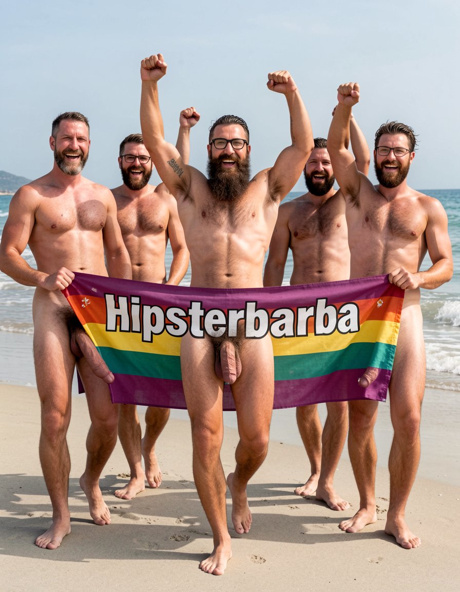 Photorealistic cinematic scene of a gay pride demonstration marching along the shoreline of El Playazo nudist beach, Vera Playa, Almería. Bright midday Mediterranean sun, gentle waves lapping at the wet sand, chiringuito El Pirata visible in the distance. Hipsterbarba, 40 year old Spanish muscle bear, 180cm 80kg 8% body fat, completely dry shredded six-pack with deep cuts and visible linea alba, dense dark chest hair, treasure trail to thick black pubes, zero belly, rounded developed pecs with small dark hard nipples, broad shoulders, highly vascular muscular arms with small black tattoo 