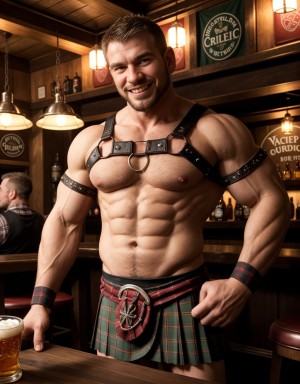 Hombre musculoso con arnés ajustado y kilt plaid rojo, mostrando torso desnudo, en una taberna escocesa tradicional, con decoraciones celtas, iluminación cálida y atmósfera acogedora, whisky y cerveza en las mesas, clientes sonrientes al fondo, pose sensual y provocativa.