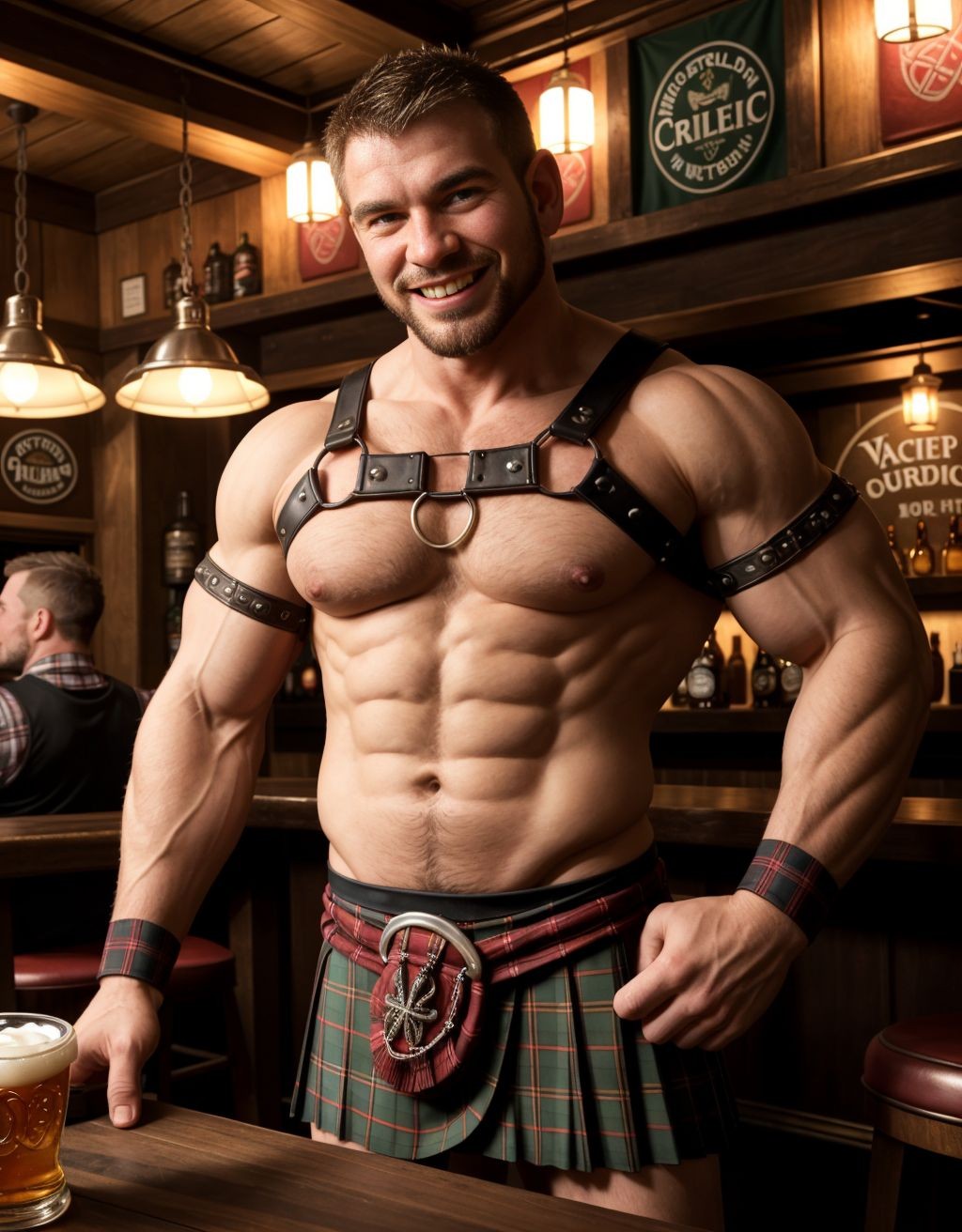 Hombre musculoso con arnés ajustado y kilt plaid rojo, mostrando torso desnudo, en una taberna escocesa tradicional, con decoraciones celtas, iluminación cálida y atmósfera acogedora, whisky y cerveza en las mesas, clientes sonrientes al fondo, pose sensual y provocativa.