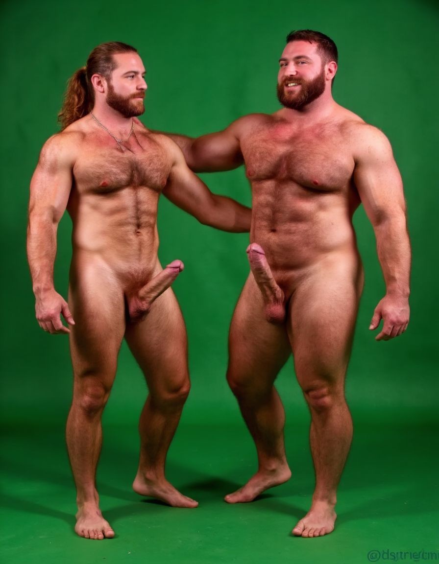 Dos guerreros musculosos de cuerpo delgado y alto, cuerpo completamente desnudo y velludo, mostrando polla venosa de 30 cm de longitud y 5 cm de grosor. Tienen la piel bronceada por el Sol, con pelo muy largo y barba. Tiene pies fuertes. Están contentos. Tienen músculos marcados definidos y sin nada de grasa. Tienen aspecto muy viril. Tienen cuerpo muy delgado pero con los músculos marcados y muy definidos. Están tensos haciendo fuerza para mostrar sus músculos marcados. Fondo verde. Están abrazados.