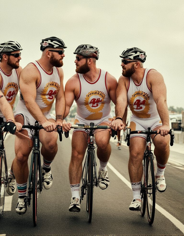 Cinco chicos de mediana edad, cuerpos grandes musculosos con barba corta, todos con traje de triatlón blancos marcando enormes bultos  en la bicicleta, pertenecen a un equipo de triatlón gay y llevan distintivos de este equipo, casco y gafas iguales. Se miran fijamente. 