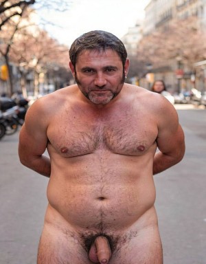 A naked man poses standing on an urban street, looking directly at the camera with a serious expression and his hands placed behind his back. He has a sturdy torso, hairy chest and abdomen, a prominent belly and slightly reddened skin, as well as a short beard and somewhat messy dark hair. The lower part of the body is completely visible, with pubic hair, a flaccid penis and exposed testicles. The background appears blurred, with trees, buildings, sidewalks, parked motorcycles and a person in the distance, creating a contrast between the man's frontal nudity and the everyday city environment.