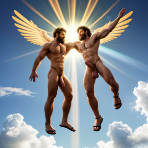 Dos hombres machos musculosos desnudos delgados muy viriles con pene grande y testículos grandes y peludos ⛓️ 🌞 🏞️. Tienen sandalias verdes. Tienen los penes erectos y grandes, testículos peludos, sandalias verdes, están en un entorno soleado, aros luminosos blancos y azulados en sus cabezas, rezan a Dios con mirada al cielo, iluminados por una gran luz divina. Saltan hacia arriba volando hasta el cielo despidiéndose de todos. Son extremadamente atractivos. Están volando entre nubes 