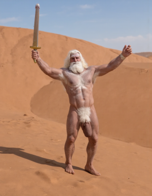 Enrique es un hombre muy delgado de 50 años, tiene cabello largo con canas blancas, tiene barba blanca abundante y larga. Está totalmente desnudo, en sus manos lleva una espada de oro alzada hacia el cielo. Tiene un cuerpo muy delgado con músculos marcados y definidos. 💪🏼. Tiene un pene erecto de 36,8 cm de longitud y 7,9 cm de diámetro. Tiene mucho vello corporal blanco que cubre su pecho brazos y piernas. Está en la arena del desierto entre grandes dunas de arena color terracota. Tiene la piel morena bronceada por el Sol. 