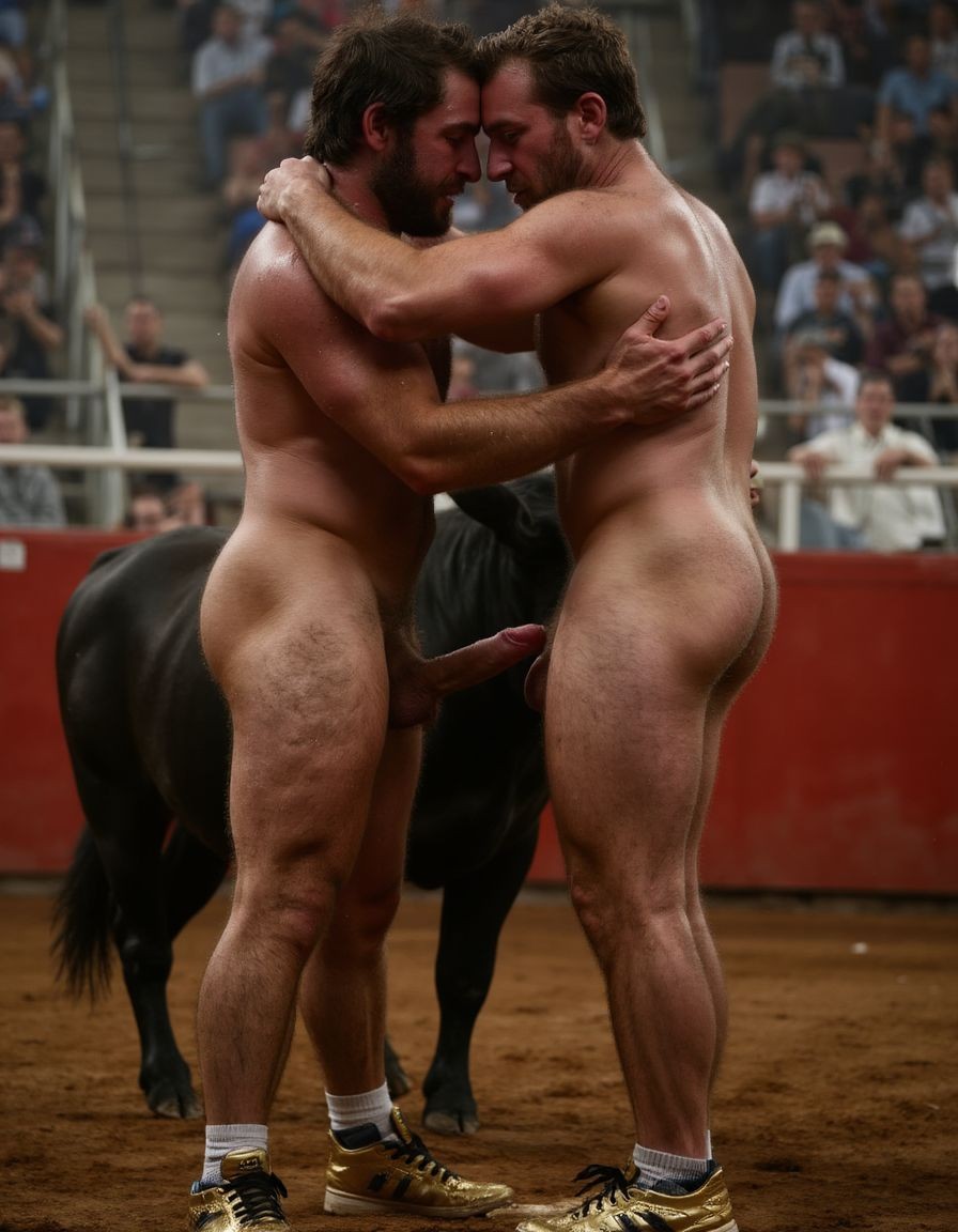 Un torero español musculoso y velludo de 50 años, con torso atlético y marcado, se muestra completamente desnudo, destacando su pene de 30 cm de longitud y 5 cm de grosor, perfectamente formado y rodeado de un denso vello púbico castaño oscuro. Sus testículos, perfectamente formados, cuelgan de forma prominente. La piel bronceada y sudorosa resalta su musculatura definida, con pectorales y abdominales bien marcados y sin grasa. El cabello largo y castaño oscuro está despeinado y sudoroso, con gotas de sudor resbalando por su frente y mejillas. Una barba incipiente y un vello corporal denso que se extiende por su pecho, piernas y brazos completan su apariencia viril. Lleva zapatillas doradas en sus pies.

A su lado, un hombre musculoso y velludo de 30 años, completamente desnudo, muestra un pene de 30 cm de longitud y 7 cm de grosor, hermoso y perfecto, rodeado de un denso vello púbico pelirrojo. Su piel bronceada y sudorosa muestra una musculatura definida, con pectorales y abdominales muy marcados. Tiene cabello pelirrojo despeinado y sudoroso. Tiene una barba pelirroja densa pero bien recortada. El vello corporal pelirrojo denso cubre su pecho, y tiene mucho vello pelirrojo en sus piernas y brazos, lo que realza su apariencia masculina y atlética. Están en la plaza de toros con un toro salvaje. Se aman

Ambos hombres se encuentran en una plaza de toros, con sombras que resaltan su musculatura y vello corporal, creando un ambiente sensual y cargado de tensión. Están en pleno acto de pasión, con sus penes erectos y testículos prominentes ,destacando su musculatura, vello corporal y atributos viriles en una imagen impactante y llena de energía. La escena está llena de sensualidad y poder, con los dos hombres como protagonistas, en un ambiente cargado de pasión y erotismo. La imagen es híper realista, con detalles de alta calidad, y muestra la unión de los dos hombres en un acto de pasión y dominio, con sus cuerpos musculosos y velludos completamente desnudos y visibles, mostrando su excitación y pasión en cada detalle. Tienen sus penes erectos. Están totalmente desnudos. Tienen un pene de 40 cm de longitud y 7 cm de diámetro. Son felices y sonríen. Amor. Se abrazan por la cintura con fuerza y pasión, están muy juntos. Sexo fuerte. El uno sobre el otro haciendo sexo, abrazados y besándose en la boca con lengua.  Están muy juntos apretándose el uno con el otro. Te quiero ❤️ 