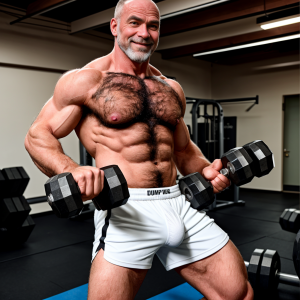 Mature, very muscular man training in a gym, shirtless, with a hairy chest, defined abs, and hypertrophied arms while doing biceps curls with two black hex dumbbells. He wears tight white shorts with black side stripes and a waistband with text, emphasizing a bodybuilding pose and strength in a weight room with a dark floor, benches, weight machines, and bars in the background. His smiling and confident expression, gray beard, shaved head, and gym lighting highlight the muscular definition, the veins in his arms, and the atmosphere of intense training, fitness, weightlifting, and an athletic physique.