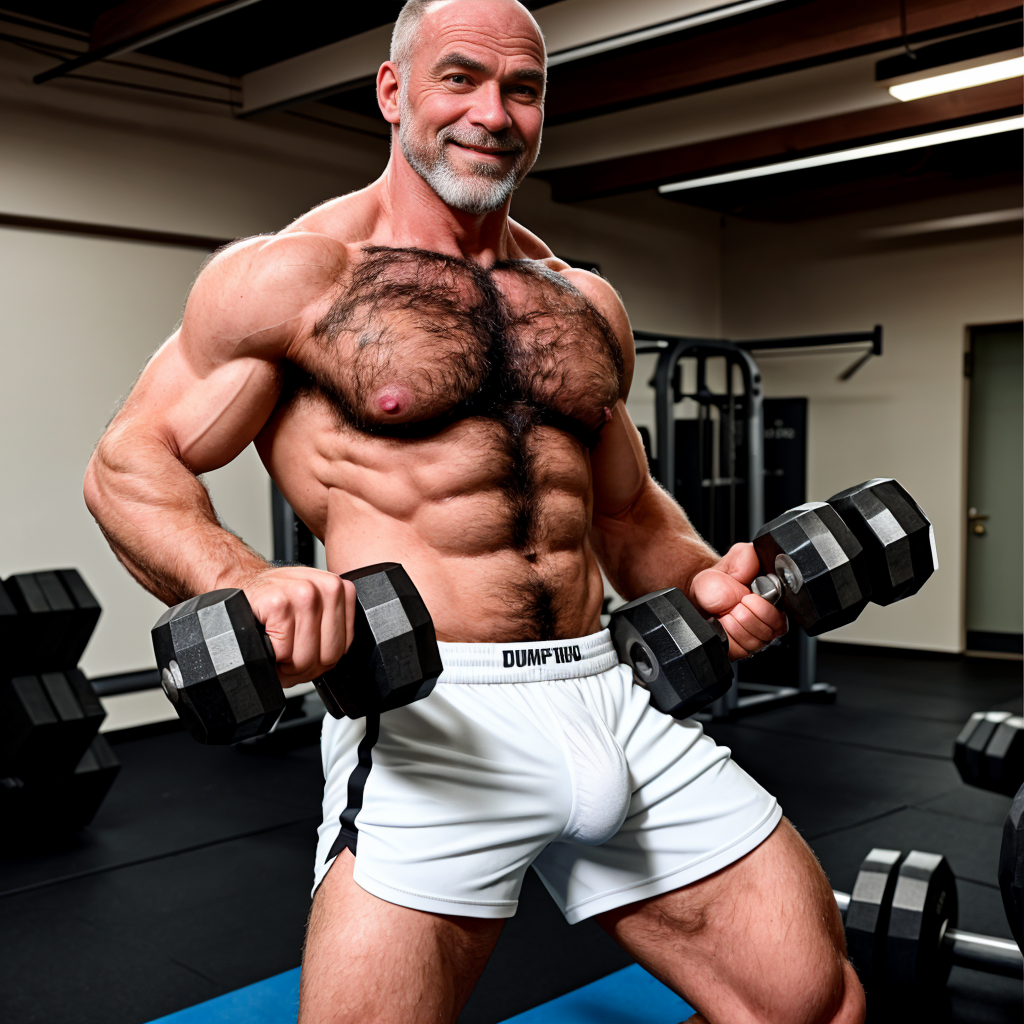 Hombre maduro y muy musculado entrenando en un gimnasio, con el torso desnudo, pecho velludo, abdominales marcados y brazos hipertrofiados mientras realiza curl de bíceps con dos mancuernas hexagonales negras. Lleva pantalón corto blanco ajustado con franjas laterales negras y cinturilla con texto, destacando una pose de culturismo y fuerza en una sala de pesas con suelo oscuro, bancos, máquinas de musculación y barras al fondo. Su expresión sonriente y segura, la barba canosa, la cabeza rapada y la iluminación de gimnasio resaltan la definición muscular, las venas de los brazos y el ambiente de entrenamiento intenso, fitness, halterofilia y físico atlético.