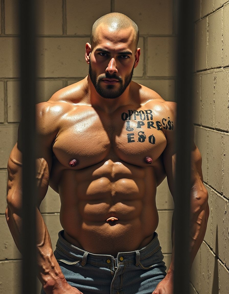Prisiones. 
Dibujo realista en tonos sepia, tras los barrotes de la celda de una prisión, se ve a un presidiario rapado y sin vello, musculoso, con tatuajes de letras en el pecho, que obliga a su compañero de celda a ponerse de rodillas y practicarle una felación.