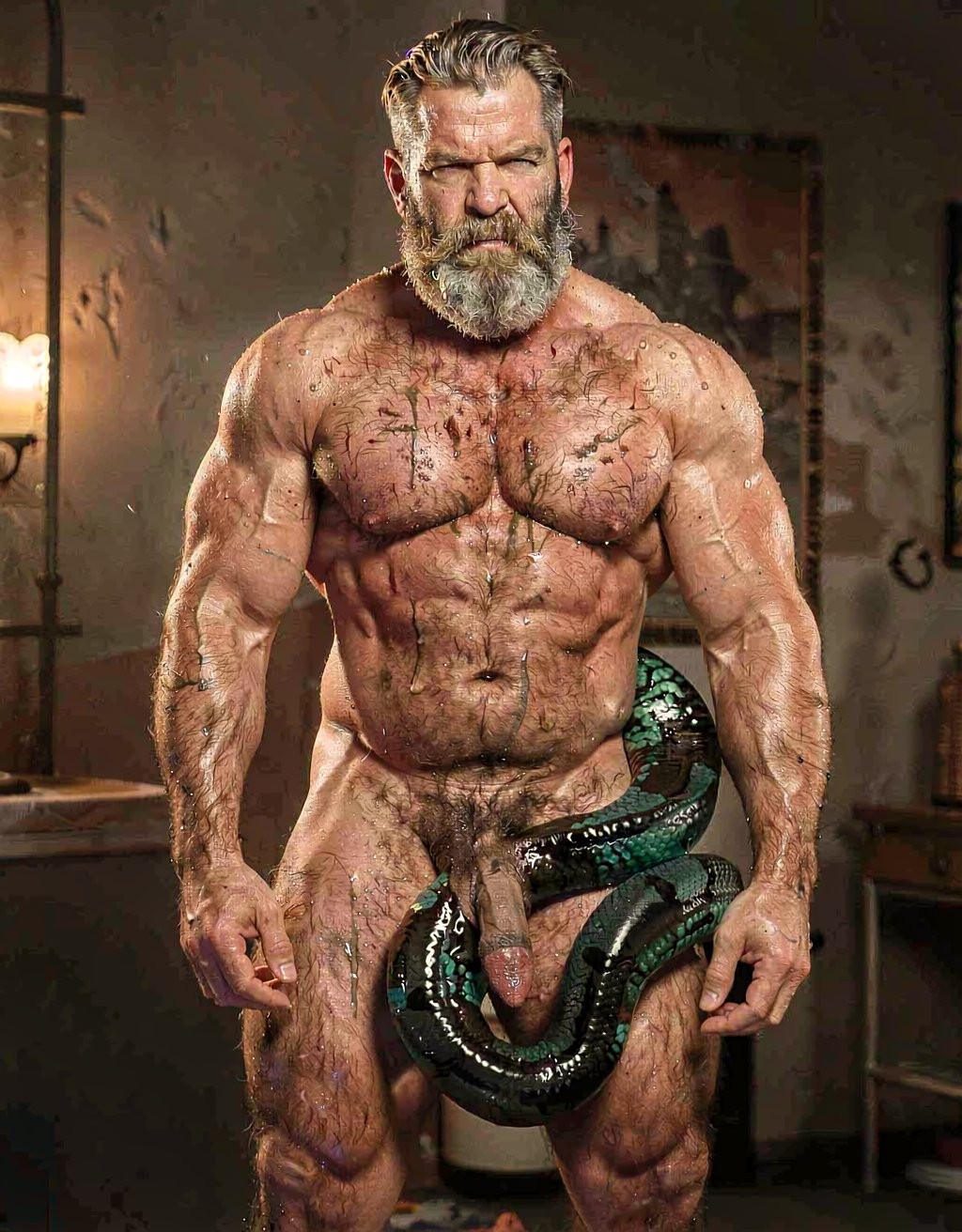 A powerful muscular mature Greek man named Dimitris, 40 years old, thick dark body hair covering his chest, powerful thighs and groin, heavy salt-and-pepper beard, strong masculine features, stands completely naked with a tense expression in a dimly lit room with warm dramatic side lighting. A large glossy python snake with black and iridescent emerald green scales has already reached his thick hairy right thigh and is accelerating its smooth powerful pace, its long forked tongue flicking rapidly in and out of its mouth tasting the thick air heavy with masculine sweat and raw testosterone. The snake’s thick muscular body slides deliberately between Dimitris’ hairy legs and coils tightly around his heavy low-hanging balls with several hot firm rings, completely enveloping the testicles, squeezing them and lifting them upward with slow rhythmic constricting pulses that make the skin of the scrotum stretch and glisten under the pressure. The snake’s glossy scales contrast sharply against the sweaty tanned hairy skin, intense erotic and slightly dangerous atmosphere, highly detailed, cinematic volumetric lighting, sharp focus.