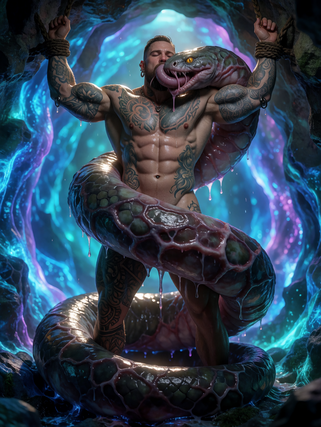 A muscular, tattooed man appears with his wrists tied by ropes to the rocks of a fantastical cave, his arms raised and his bare torso illuminated by a blue and violet glow. A huge snake with dark, green, and garnet scales coils around his body and legs, covering him with gleaming wet coils as it raises its head beside his face and extends a forked tongue near his mouth. The atmosphere has an air of dark erotic fantasy, with drops of saliva or liquid sliding down the creature, tribal tattoos on the man's skin, piercings, wet rocks, and a luminous portal in the background that creates a magical, dangerous, and supernatural atmosphere.