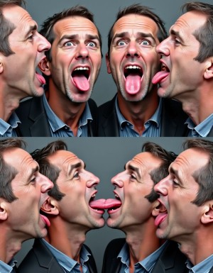 8 hombres de mediana edad trajeados en dos filas sacan sus lenguas, algunos las entrelazan con mirada lujuriosa. Fondo neutro