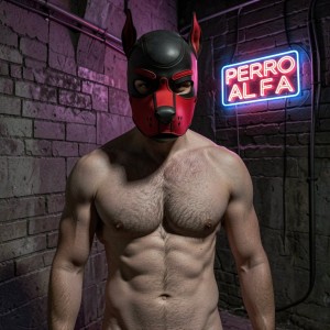 1 hombre de 29 años con mascara de puppy de color negro y rojo que le cubre toda la cara, sin camiseta, en una mazmorra industrial, al fondo hay un cartel de neon donde pone 