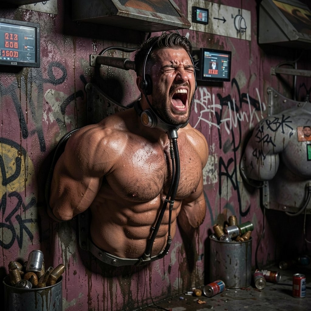 Muscular shirtless man, sweaty and with his torso trapped in a metal structure embedded in a dirty wall full of graffiti, appears screaming with an expression of pain or fury while wearing industrial headphones and a tube connected to his neck or chest. His marked body, with very defined abs and pectorals, is held by a metal harness at waist level, in a dark environment with a cyberpunk, decadent and oppressive aesthetic. Around there are digital screens, cables, rusted panels, containers with shells or metal parts and cans thrown on the floor, creating a scene of a clandestine laboratory, technological torture or extreme experiment.