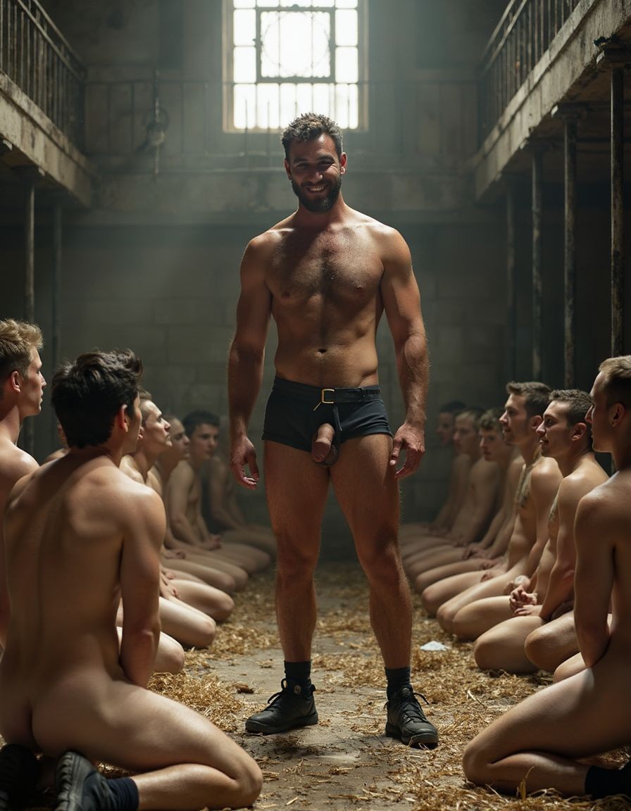 A muscular man standing in the center of a dark industrial space, bare-chested, wearing black boots and a black jockstrap or underwear that leaves his penis visible, smiles under an overhead light coming through a high window. On both sides, several naked men remain kneeling in rows on a floor covered with straw or shavings, looking toward him, with backs, buttocks and naked bodies partially illuminated. The setting resembles a warehouse, stable or abandoned hangar, with concrete walls, metal railings and a theatrical, dominant and ritualized atmosphere.