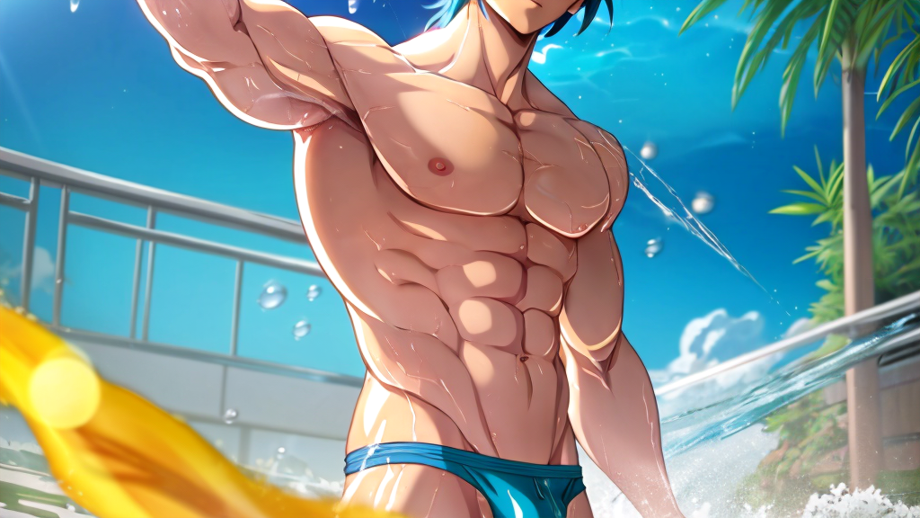 POV: A man stands in front of you, his wet underwear clinging to his body, accentuating the prominent bulge, droplets of water cascading down his toned abdomen, creating a sensual and inviting scene.