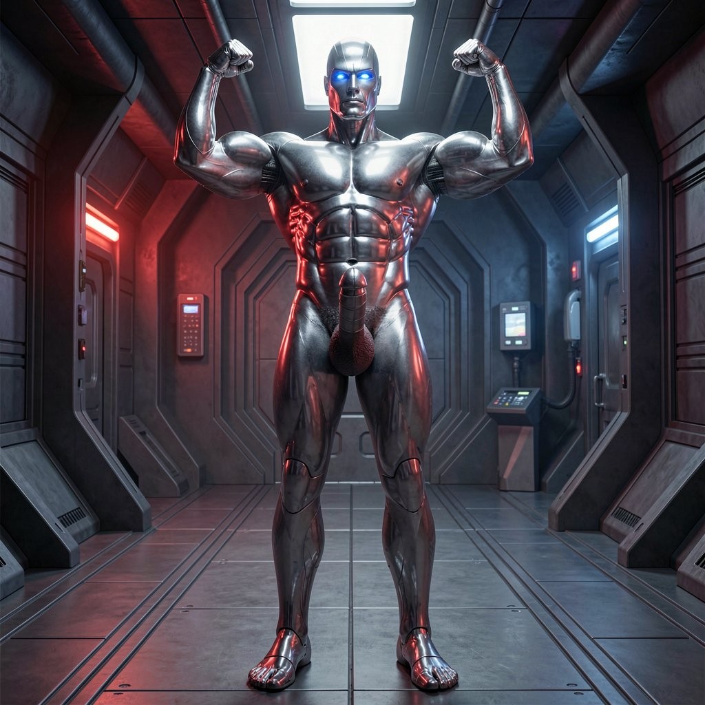 A towering 1.99 meter tall humanoid robot stands completely alone at rigid military attention in the dimly lit metallic corridor of a futuristic UFO interior, captured in a full body shot from the tips of its metallic toes all the way up to the top of its metallic head. The robot is entirely hairless with a perfectly smooth, mirror-like chrome-plated metallic surface that reflects the red and blue emergency lighting. Its hyper-masculine physique features broad shoulders, massive segmented pectorals, an extreme eight-pack abdomen, thick powerful thighs and calves, and large metallic feet with visible segmented toes. Both of its massive arms are raised and powerfully tensed upward in a strict double biceps military pose with elbows bent at precise 90-degree angles, showcasing hugely bulging mechanical biceps and sharply defined metallic triceps with visible hydraulic lines and mechanical detailing beneath the polished chrome. Its large 24 cm mechanical penis stands fully erect and prominent between its legs, thick, segmented, with a bulbous glans and heavy chrome scrotum clearly visible from the front. The robot's head has sharp angular masculine features and glowing blue lens eyes staring straight ahead with cold, unblinking mechanical intensity. Dramatic cinematic lighting from above and the side creates sharp highlights, deep reflections, and strong contrasts on every polished metallic curve, emphasizing the extreme muscularity, the tensed biceps and triceps, the fully erect metallic cock, and the perfect full-body military posture. Highly detailed, photorealistic, intense and dominant atmosphere.

¿Quieres que el robot mantenga esta pose mientras Tom Selleck se acerca, que active luces o vibración en su polla erecta, o que cambiemos la pose a otra cosa? Dime exactamente cómo quieres continuar o mejorar la foto.
