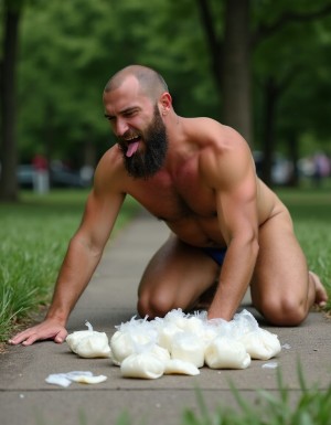 Guarreo. Hombre barbudo desnudo a cuatro patas en el suelo de un parque, recoge preservativos llenos de semen de una zona del aparcamiento donde por la noche paran las parejas hetero para follar, él los vacía y mete todo el semen en bolsas de plástico muy pequeñas con intención de disfrutar del néctar. 