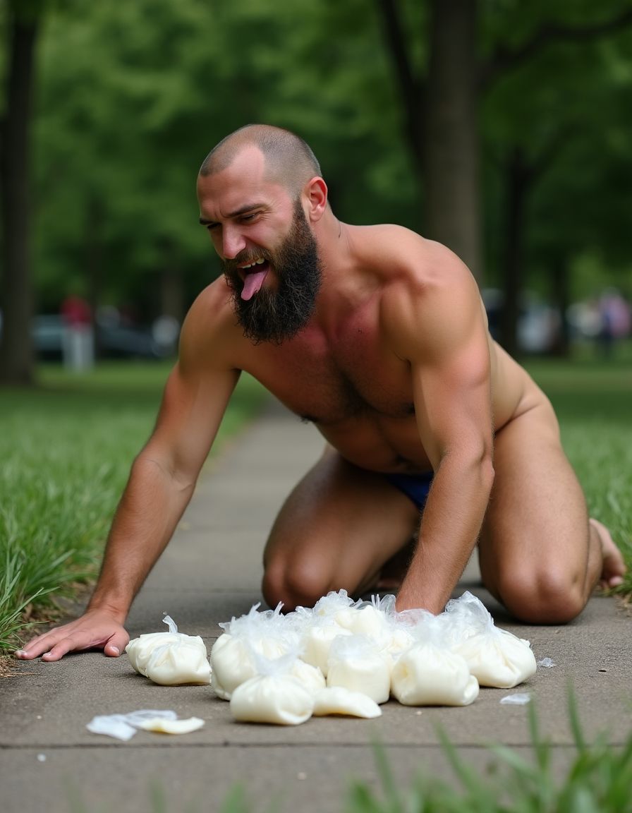Guarreo. Hombre barbudo desnudo a cuatro patas en el suelo de un parque, recoge preservativos llenos de semen de una zona del aparcamiento donde por la noche paran las parejas hetero para follar, él los vacía y mete todo el semen en bolsas de plástico muy pequeñas con intención de disfrutar del néctar. 
