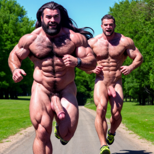 Hombre totalmente desnudo musculoso con pene grande, está corriendo junto a otro hombre totalmente desnudo con pene tieso y testículos grandes peludos. Tienen pelo largo