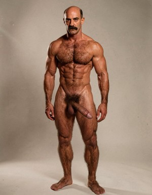 Mike Morris, a 32-year-old extremely lean Caucasian male with only 8% body fat, stands completely naked in a strict military attention pose captured in a full-body three-quarter view at a slight 45-degree angle. The shot runs from the tips of his size 44 slightly hairy feet all the way up to the top of his bald head, showing his entire body without any cropping. His physique is dry, vascular and powerfully defined: massive square pectorals covered in dense dark brown chest hair forming a thick T-pattern, sharply carved six-pack abs, narrow waist, wide flaring lats, and thick muscular thighs with dense dark hair. Dramatic directional studio lighting falls from high and slightly to the left, creating bright highlights on his tanned skin, the texture of his dense body hair across his chest, lower back and legs, and deep shadows that accentuate every muscle separation and vein. His advanced Norwood III-IV bald scalp is clearly visible, with short dense dark brown hair only on the sides and back of his head. His square, angular face with prominent jaw, thick dark handlebar mustache, heavy brows and intense deep-set brown eyes stares straight ahead with a serious, commanding expression. His penis is fully visible, completely natural and realistic: thick, 24 cm long when erect, with natural upward curve, prominent veins along the shaft, long foreskin that partially covers the pink-red glans, and realistic skin texture noticeably lighter than his bronzed body. Below it hang his large, low-hanging testicles with wrinkled darker skin and dense dark brown hair. The extremely thick, curly dark brown pubic bush climbs almost to his navel and spreads generously around the base of his cock and balls. Every detail from his veined hands and forearms to his diamond calves and hairy toes is perfectly proportioned and anatomically correct. Photorealistic, high-contrast, masculine 1970s Colt Studio aesthetic with subtle grainy film texture.