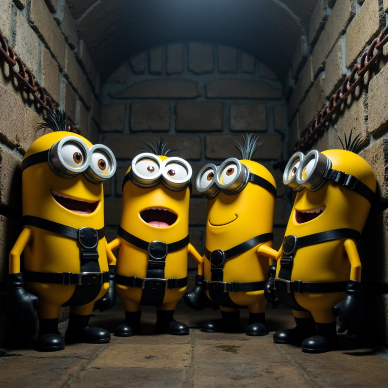 Una escena oscura y provocativa, cinematic lighting, mazmorra de piedra con paredes húmedas y cadenas oxidadas, cuatro Minions vestidos con arneses de cuero negro y ajustados, destacando sus cuerpos amarillos y redondos, con correas y hebillas de metal brillante, expresiones traviesas y juguetonas en sus caras, posiciones sugerentes y provocativas, algunos con las piernas abiertas y los brazos atados a las paredes, otros con las manos detrás de la espalda y las cabezas inclinadas, iluminación tenue y sombría, sombras profundas y misteriosas, texturas detalladas y realistas, ambiente de poder y sumisión, BDSM, fetish, arneses y cuero, Minions en una mazmorra de fantasía oscura y erótica.