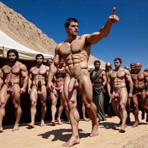 Ejército de Jerjes 1º del imperio persa en el verano del año -480 marcha a pie. Hay dos luchadores que están desnudos con penes grades y testículos grandes y con mucho vello. Están en Helesponto luchando contra el rey Darío desnudo y de gran pene tieso hacia arriba. Delante de de todos está el oráculo de Apolo totalmente desnudo.