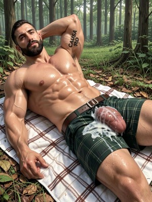 Un hombre musculoso y semidesnudo yace sobre una manta a cuadros en el suelo de un bosque, rodeado de hojas secas, hierba y árboles altos con luz suave filtrándose entre la vegetación. Tiene barba oscura, pelo peinado hacia atrás y el torso brillante, con abdominales muy marcados y aspecto sudoroso. Lleva unos pantalones cortos verdes de cuadros con cinturón negro, abiertos en la zona frontal, dejando el pene erecto expuesto sobre la tela, cubierto de semen blanco que también salpica el pantalón y parte del muslo. Una mano descansa junto al cuerpo mientras la otra está detrás de la cabeza, mostrando un tatuaje en la axila que dice “CAUSA 40”.