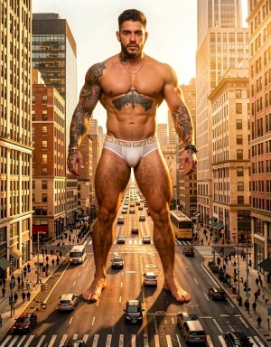 A gigantic, muscular man appears standing in the middle of an urban avenue, towering among skyscrapers and tall buildings like a colossal figure dominating the city. He is almost naked, wearing only tight white briefs, barefoot on the roadway, with strong legs and a defined torso, marked abs, a broad chest, and several visible tattoos on his arms, shoulder, and pectoral area. His serious, frontal expression reinforces an imposing presence, while traffic moves at his feet with cars, buses, and tiny pedestrians on the sidewalks and crosswalks. The scene has warm sunset light, a cinematic perspective, and a striking contrast between the monumental male body, the white underwear, and the metropolitan environment full of movement.